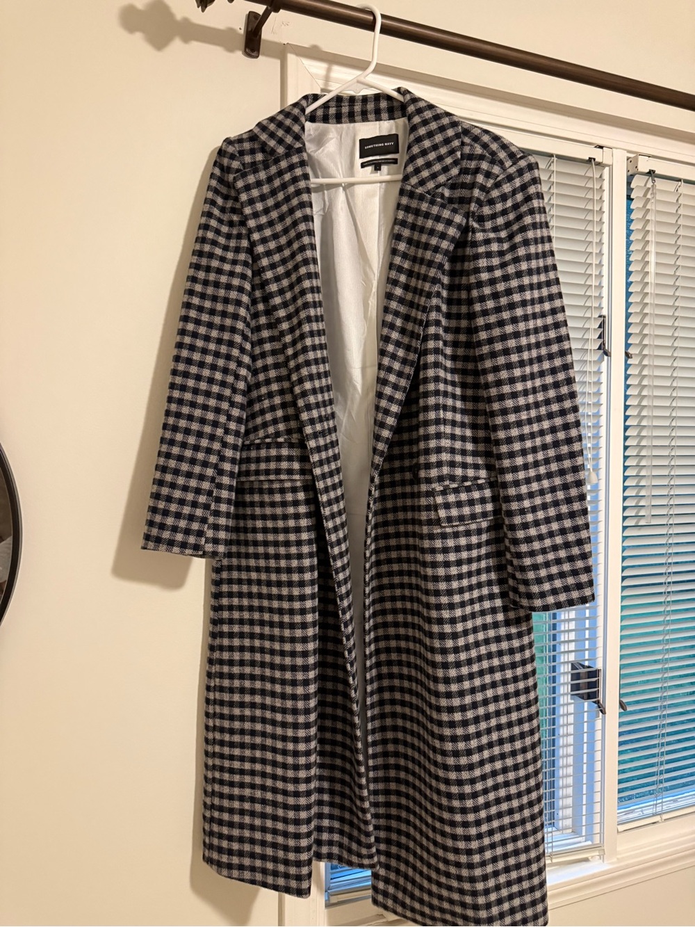 Something Navy Navy and White Checked Longline Trench Coat